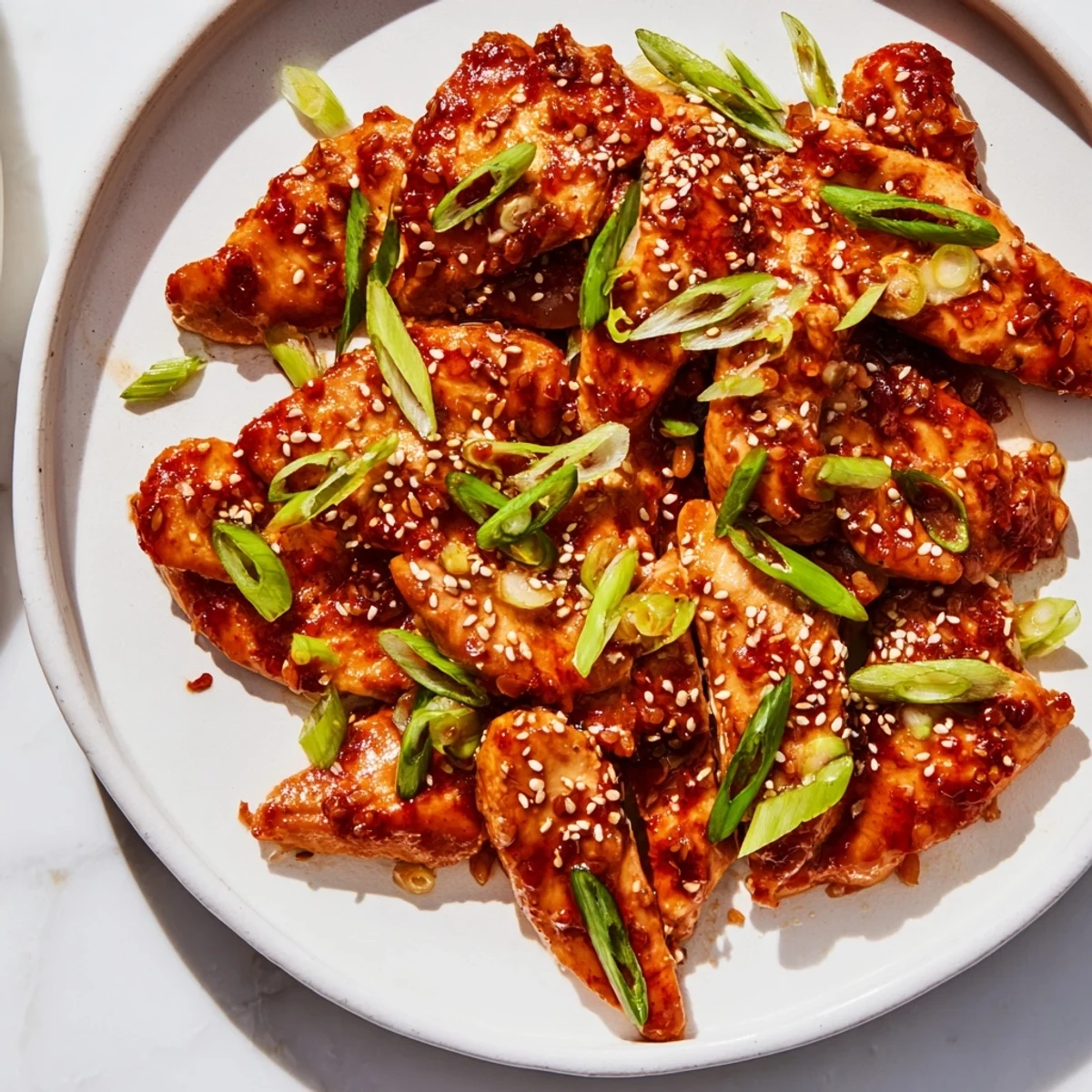Delicious Sweet and Spicy Sriracha Honey Chicken: tender glazed chicken with a sweet and zesty finish.