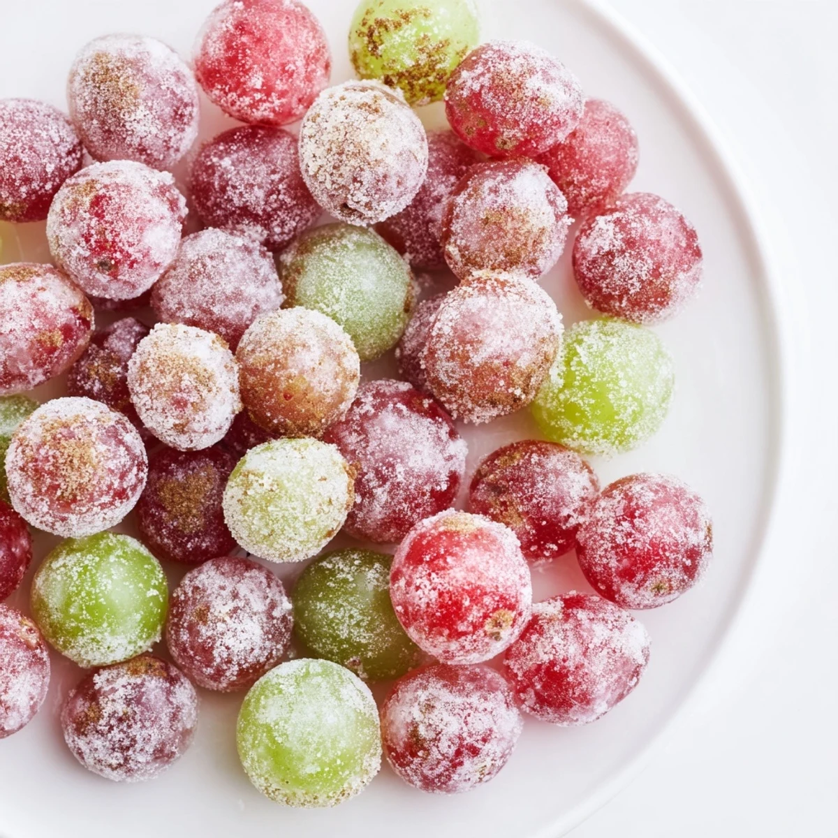 Sweet and frosty frozen grapes, perfect for a vegan snack, shining under the kitchen light.