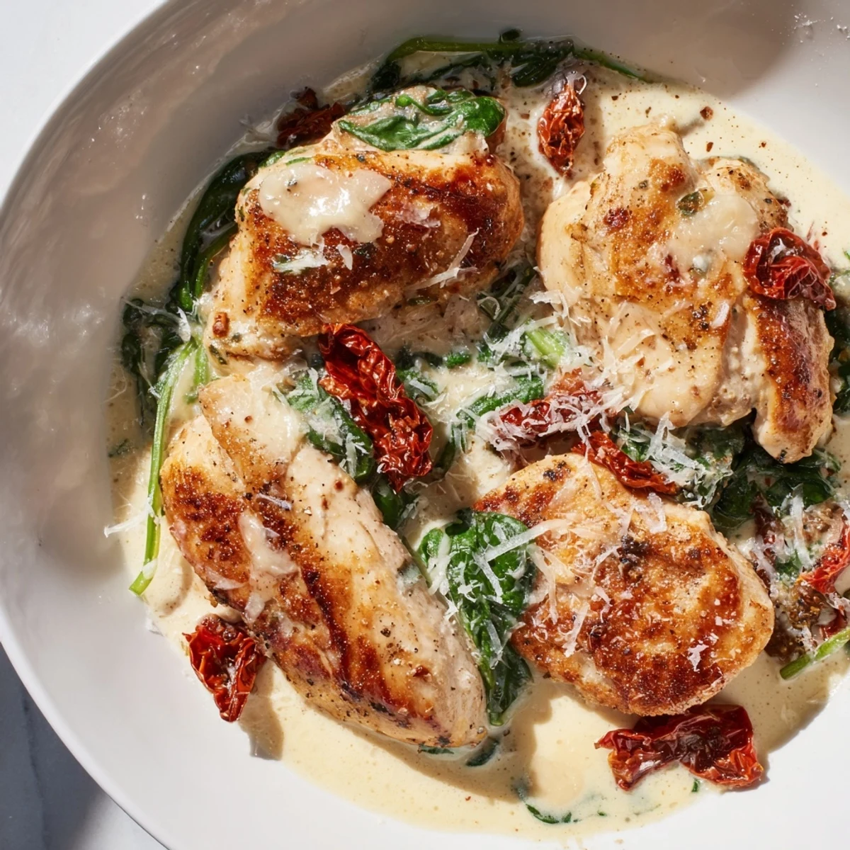 Golden seared Creamy Tuscan Chicken breasts swimming in a rich, creamy, and vibrant sauce with spinach.
