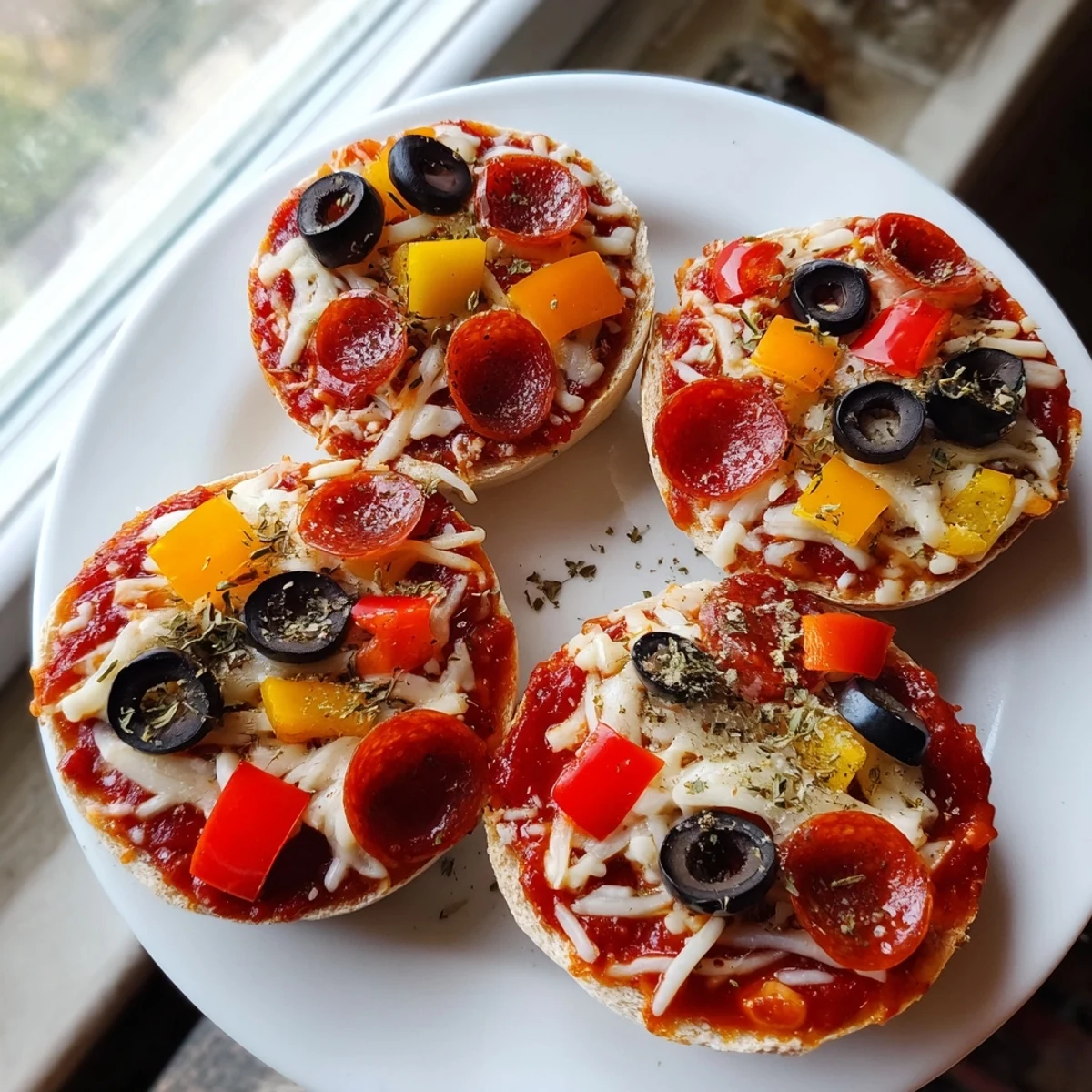 Homemade mini bagel pizzas loaded with pepperoni, cheese, and olives, perfect for a quick lunch.