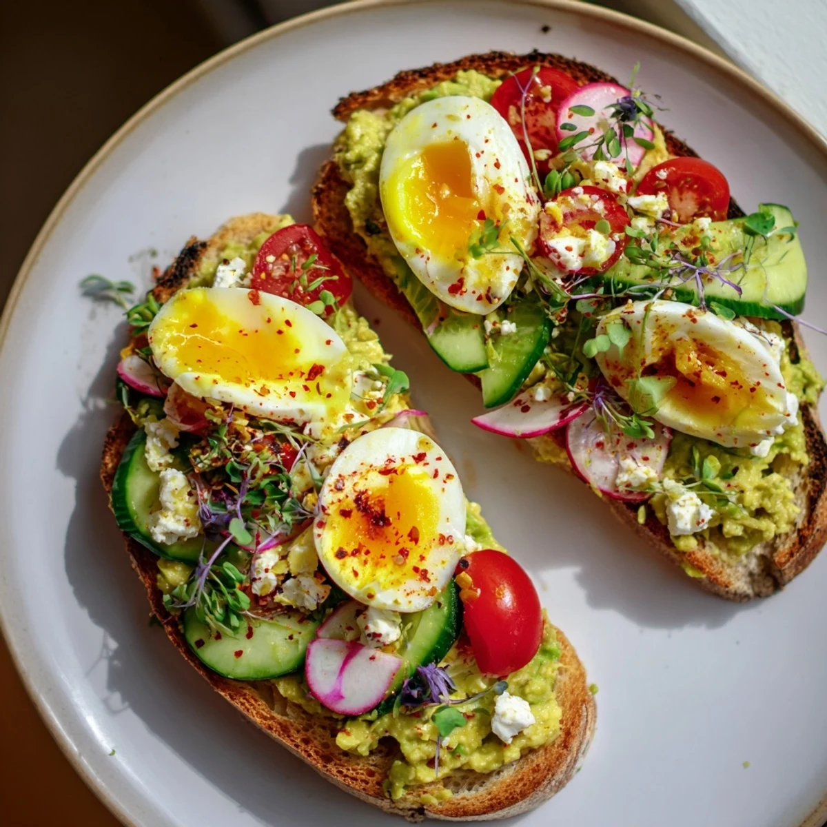 Golden, toasted bread topped with vibrant loaded avocado toast, featuring a soft-cooked egg and crumbled feta.