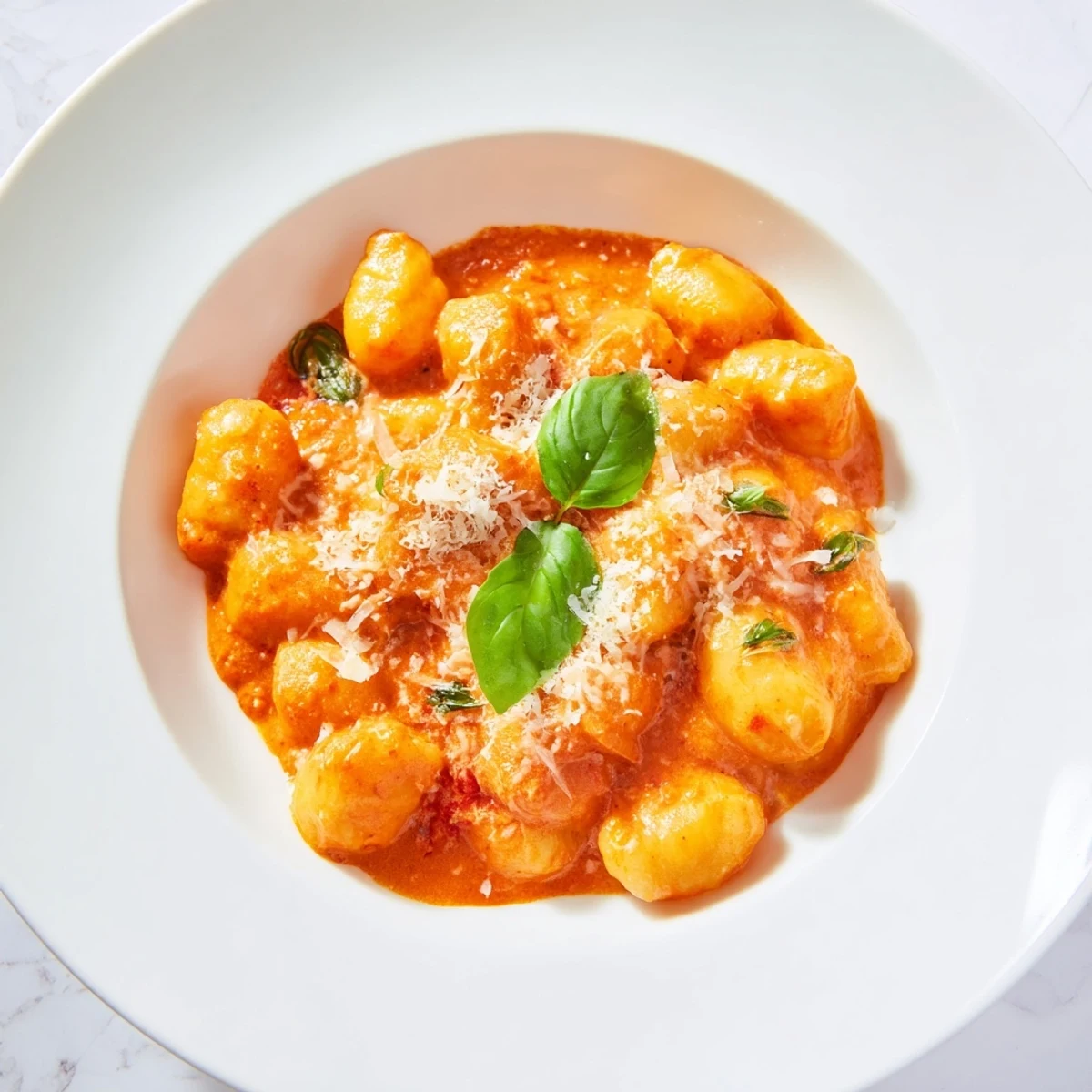 Enjoy a forkful of tender gnocchi bathed in creamy tomato sauce, a comforting vegetarian meal.