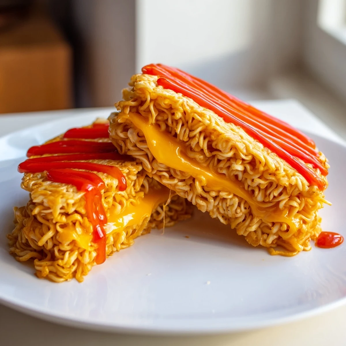 Crispy ramen noodle buns enveloping gooey cheddar, this instant ramen grilled cheese is a delight.