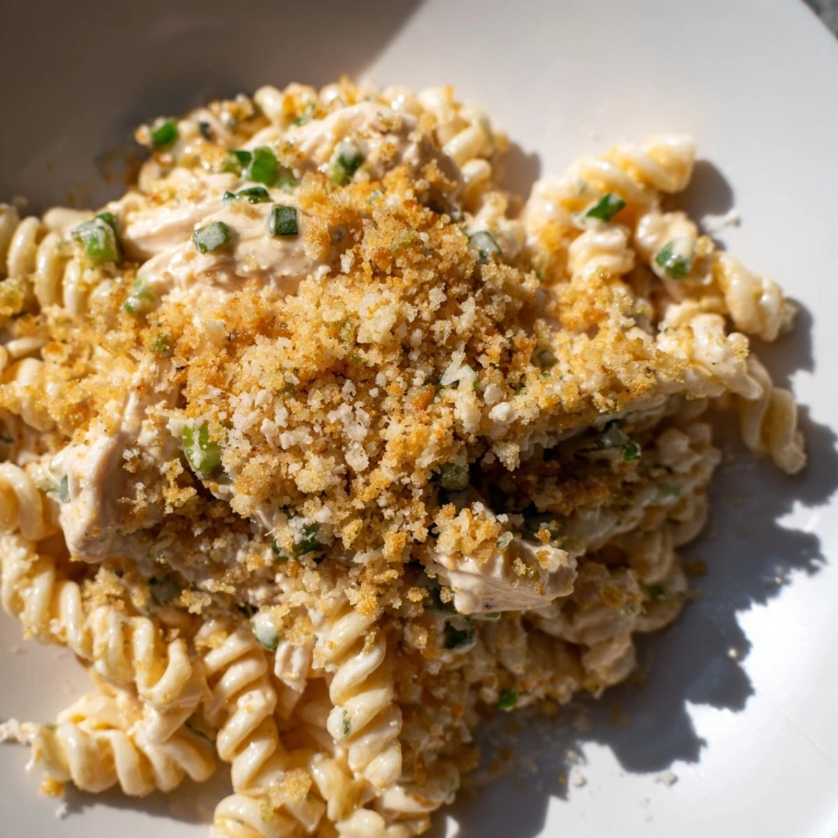 Creamy, cheesy Jalapeño Popper Chicken Pasta, bubbling hot from the oven with a golden breadcrumb topping.