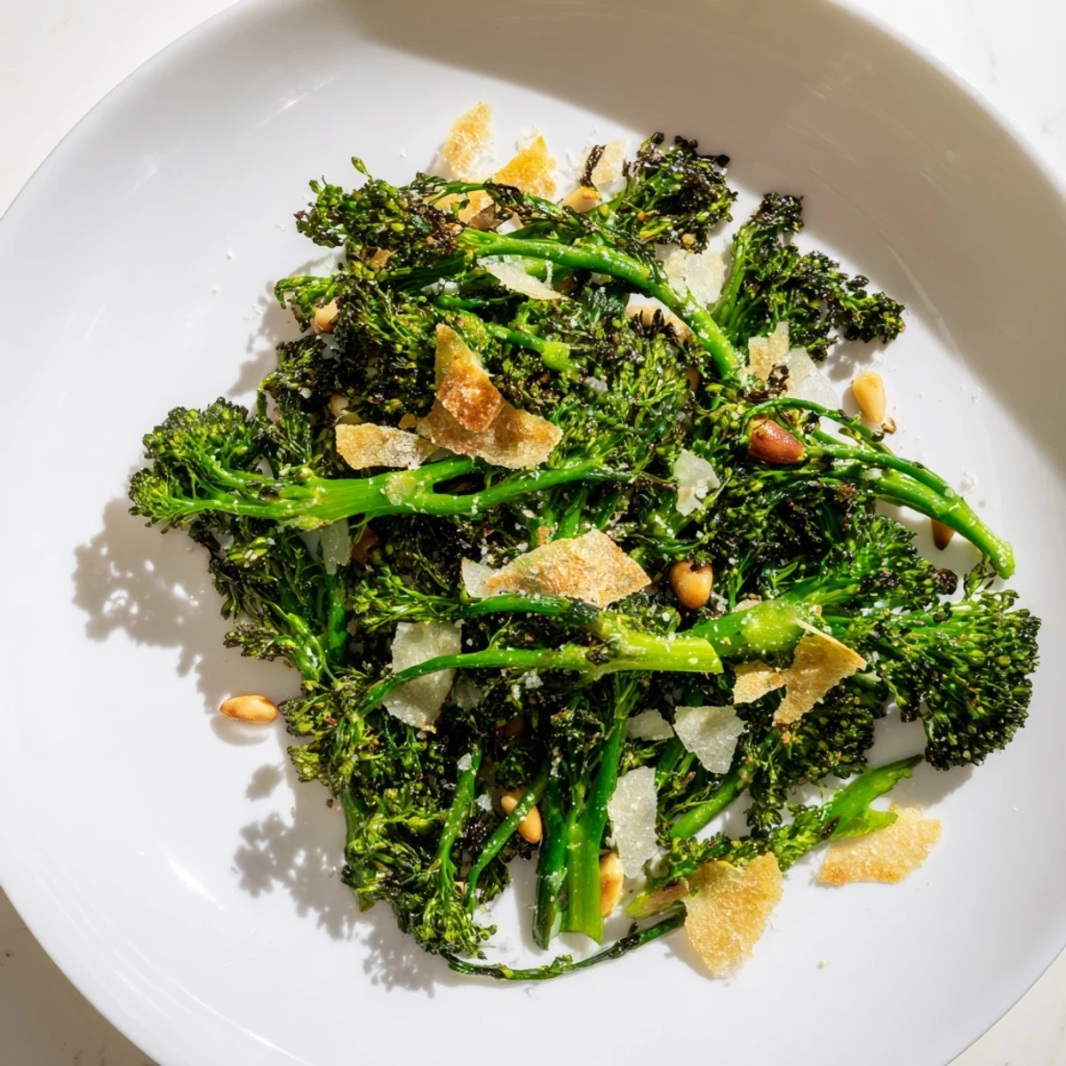 Crispy garlic chips top the vibrant Charred Broccolini Salad, a healthy vegetarian delight.