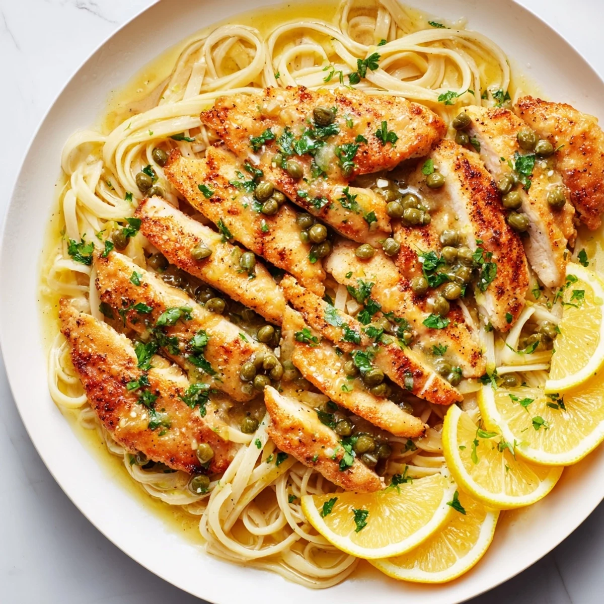 A close-up of Quick Chicken Piccata Pasta: Creamy sauce and perfectly cooked pasta make this Italian-American dish irresistible
