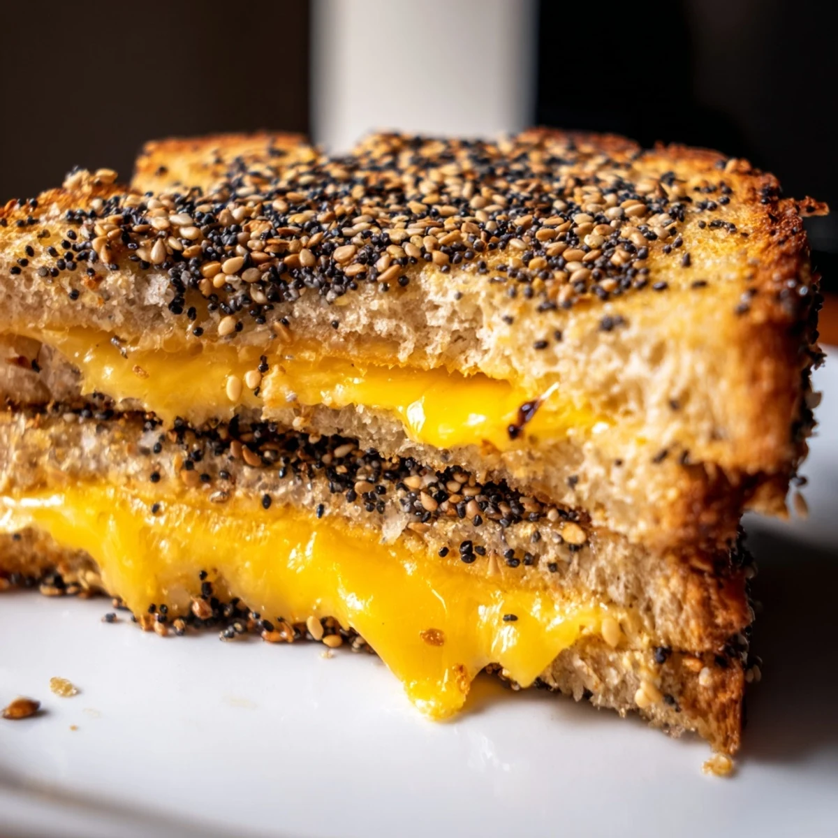 Golden, melted Everything Bagel Grilled Cheese oozing with cheddar, ready to eat with a side of tomato soup.
