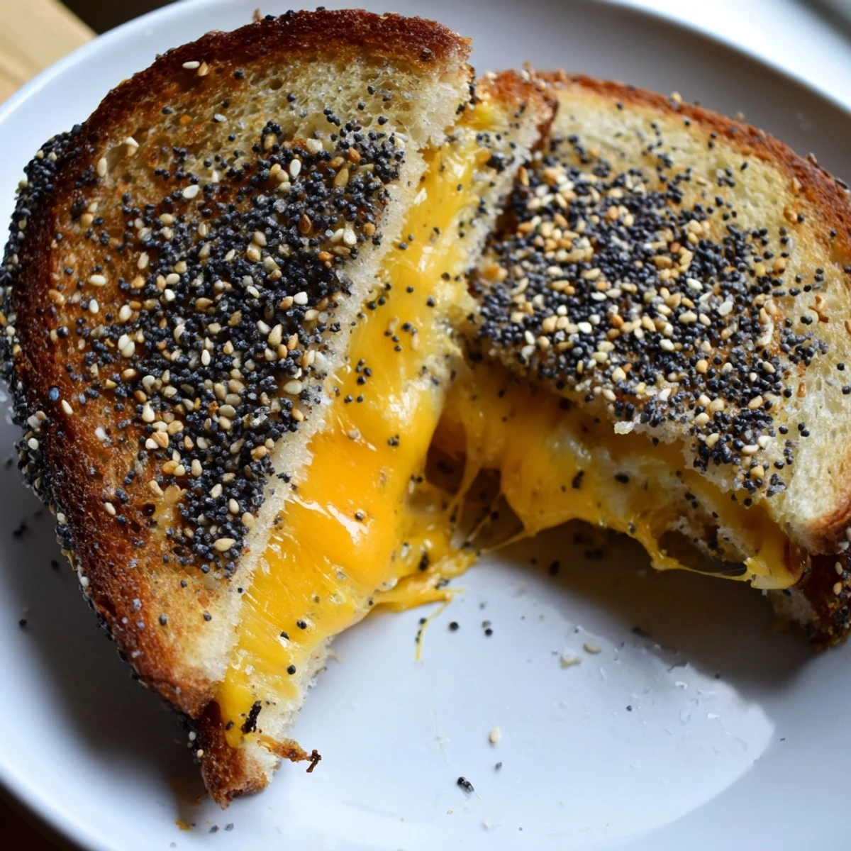 Perfectly grilled Everything Bagel Grilled Cheese sandwich, showcasing melted cheddar nestled between crispy, seasoned bread.
