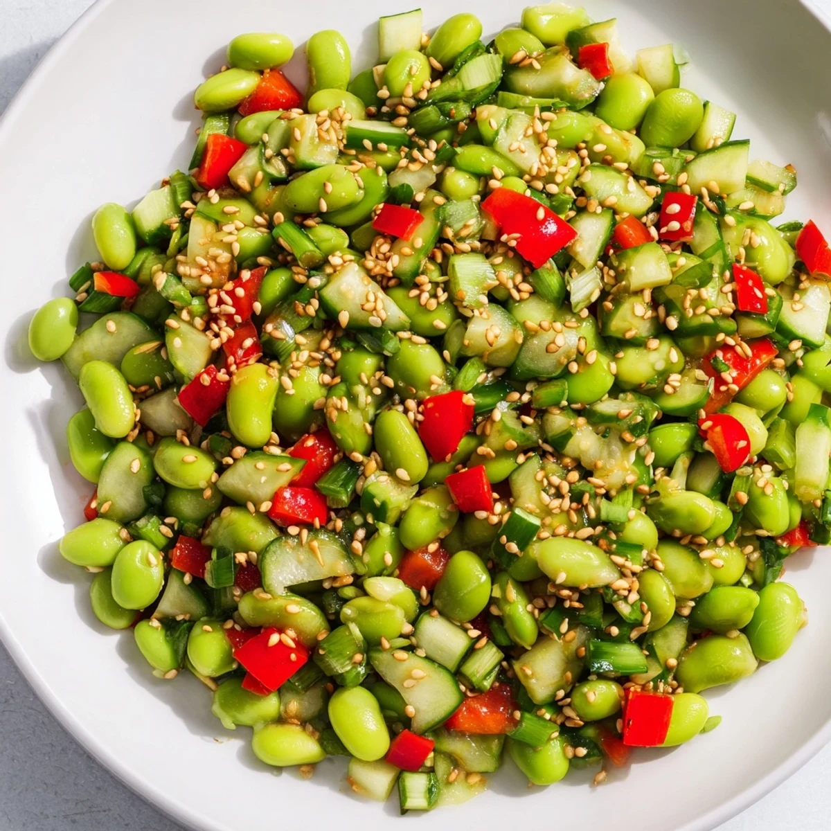 Chilled edamame salad, bursting with flavor, garnished with sesame seeds and cilantro for serving.