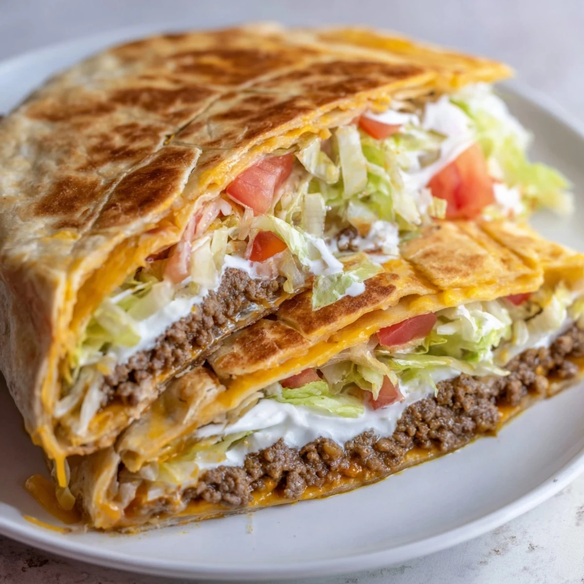 A sizzling, golden-brown Taco Bell Crunchwrap Supreme, with melted cheese oozing out, sliced for serving.