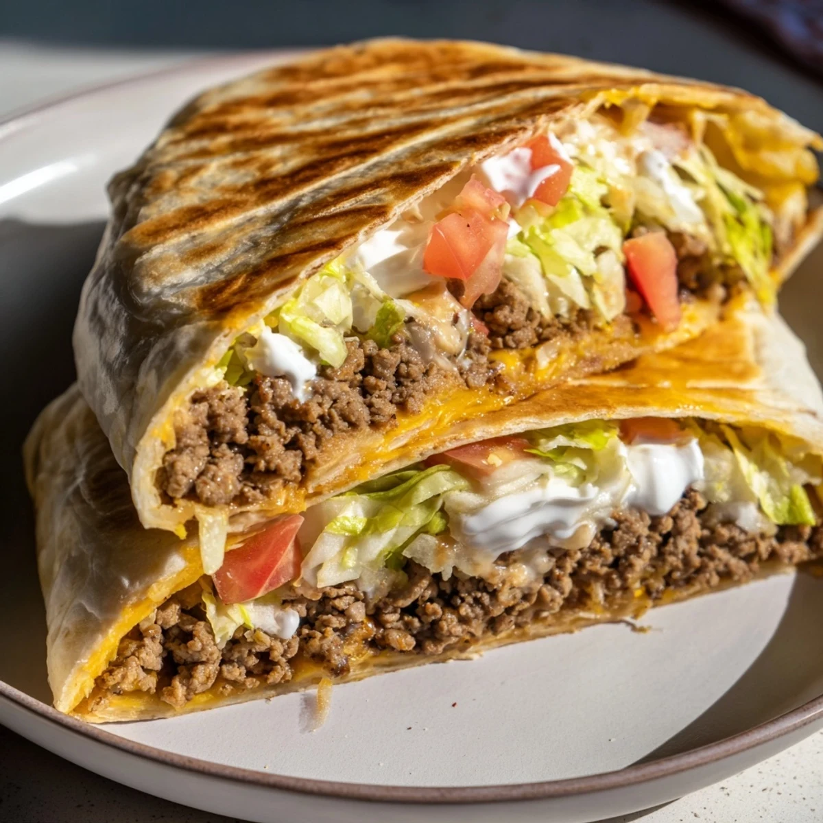 Imagine a close-up of a perfectly constructed Taco Bell Crunchwrap Supreme, filled with layers, ready to eat.