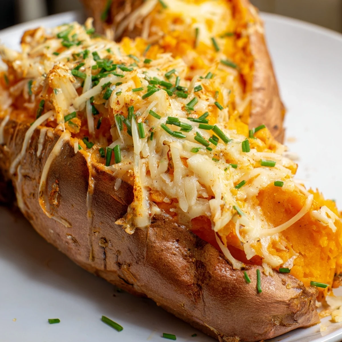 Golden, bubbling cheese melts over roasted sweet potatoes in this savory cheese-stuffed dish.