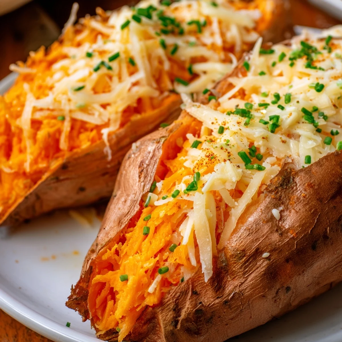 A close-up of a Sweet Potato & Cheese Whole Roast, showing the tender, roasted sweet potato filled with melted cheese.