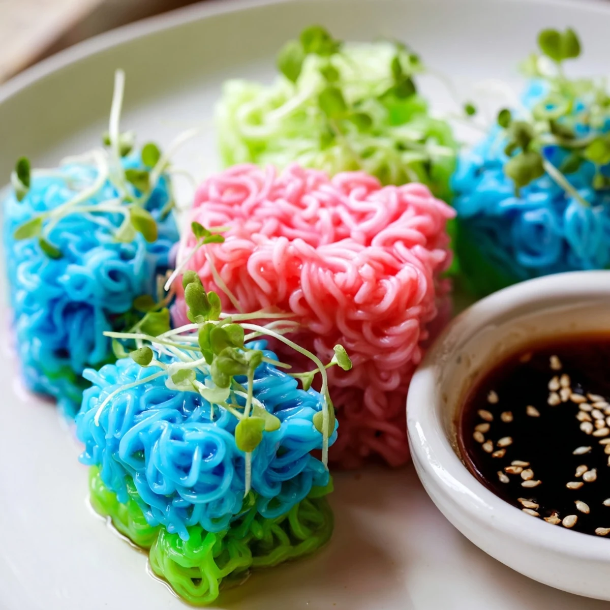 Colorful Neon Noodle Clouds, chilled and ready to serve with a flavorful dipping sauce.