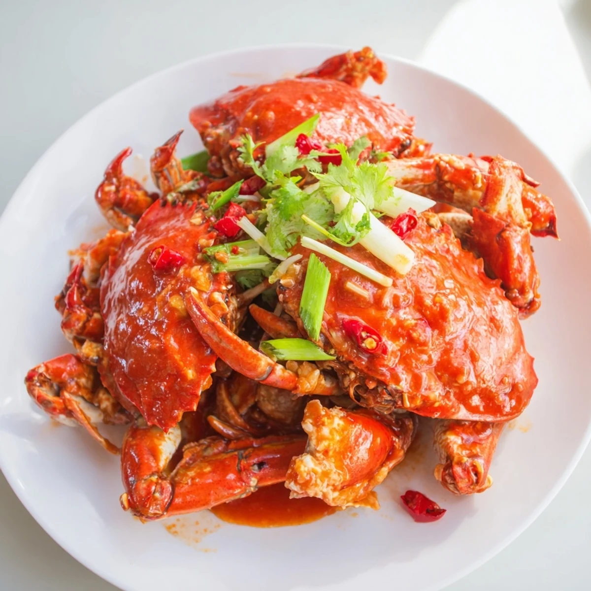 Steaming Singaporean Chili Crab, covered in a rich red sauce, garnished with green onions.