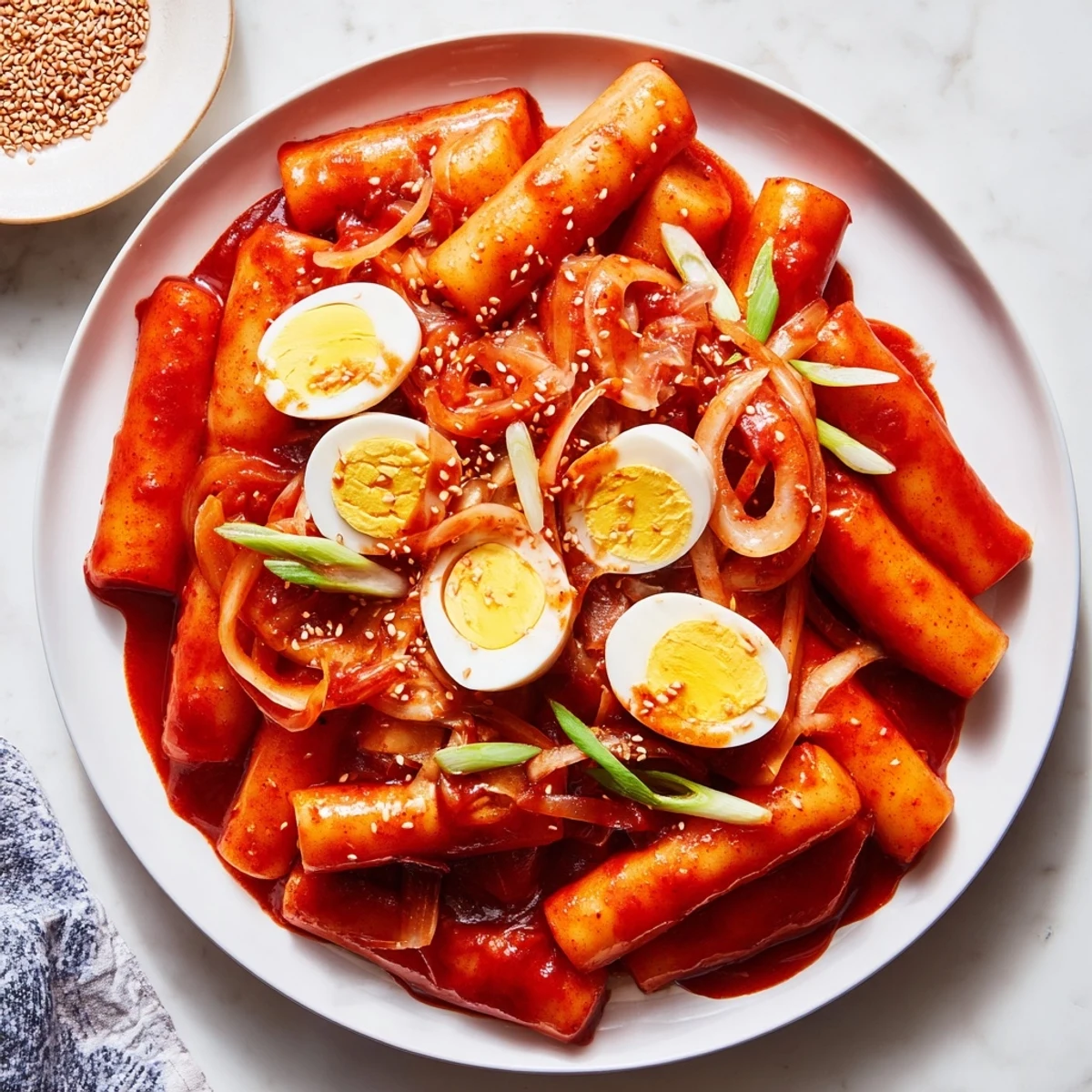 Delicious and comforting Korean Tteokbokki, featuring chewy rice cakes swimming in a flavorful gochujang sauce.