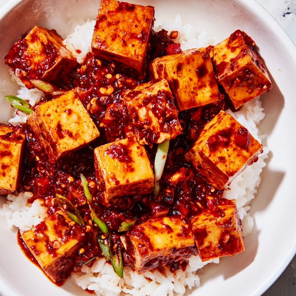Steaming hot Chinese Mapo Tofu with soft tofu cubes, savory sauce, and fresh green scallions.