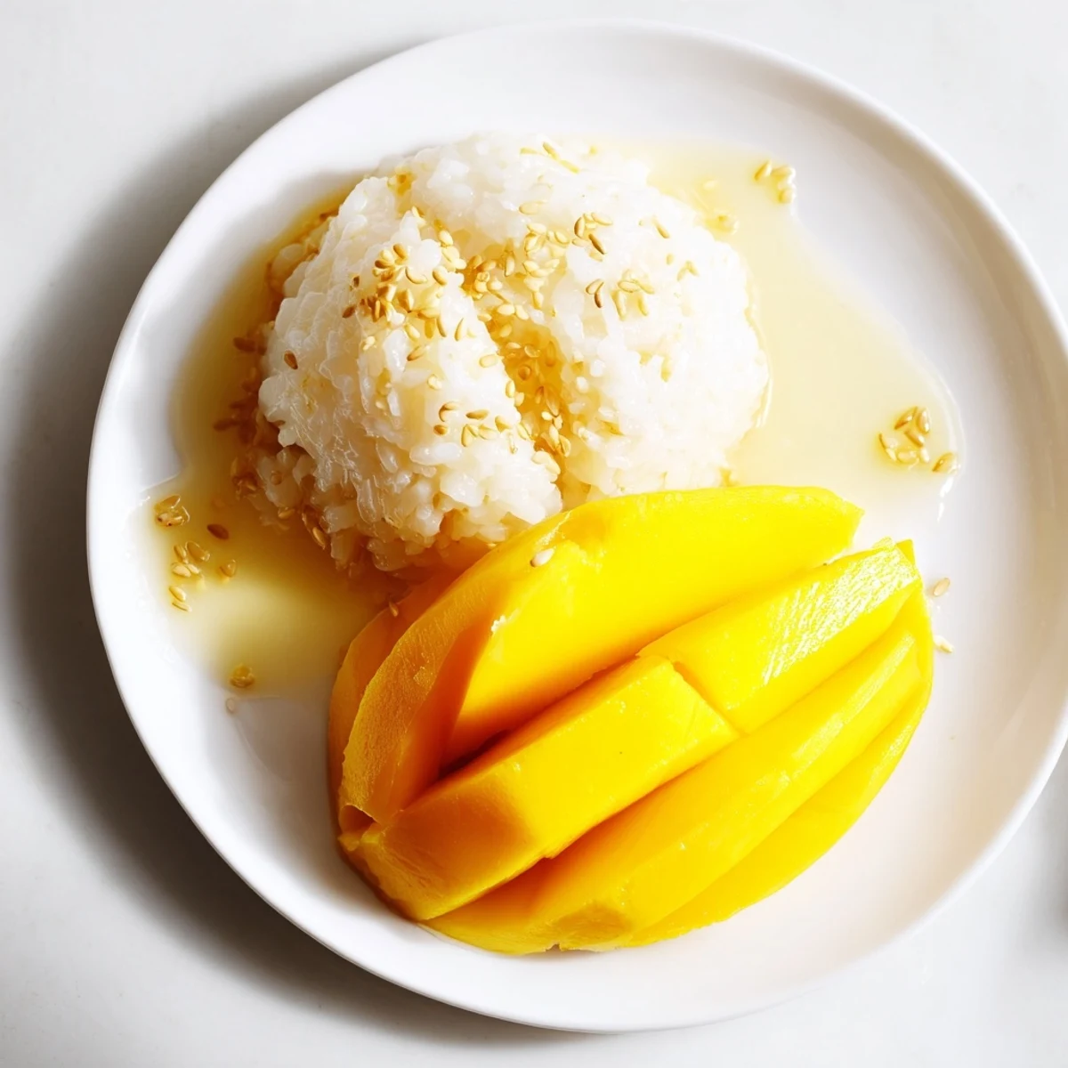 Sweet Thai Mango Sticky Rice served with ripe mango slices and delicate coconut cream.