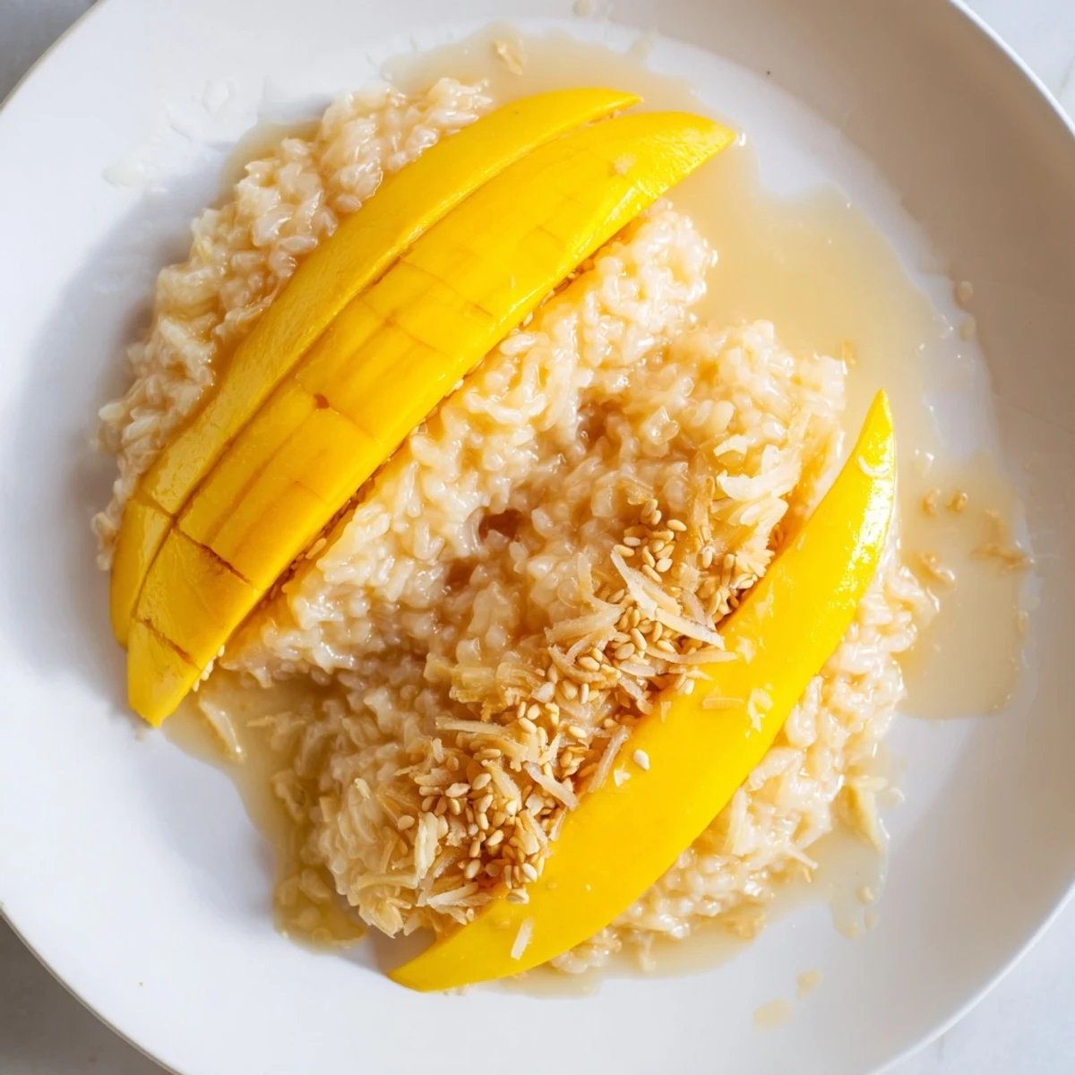 Vibrant photo of steaming Thai Mango Sticky Rice, showcasing sweet ripe mango and toasted sesame seeds.