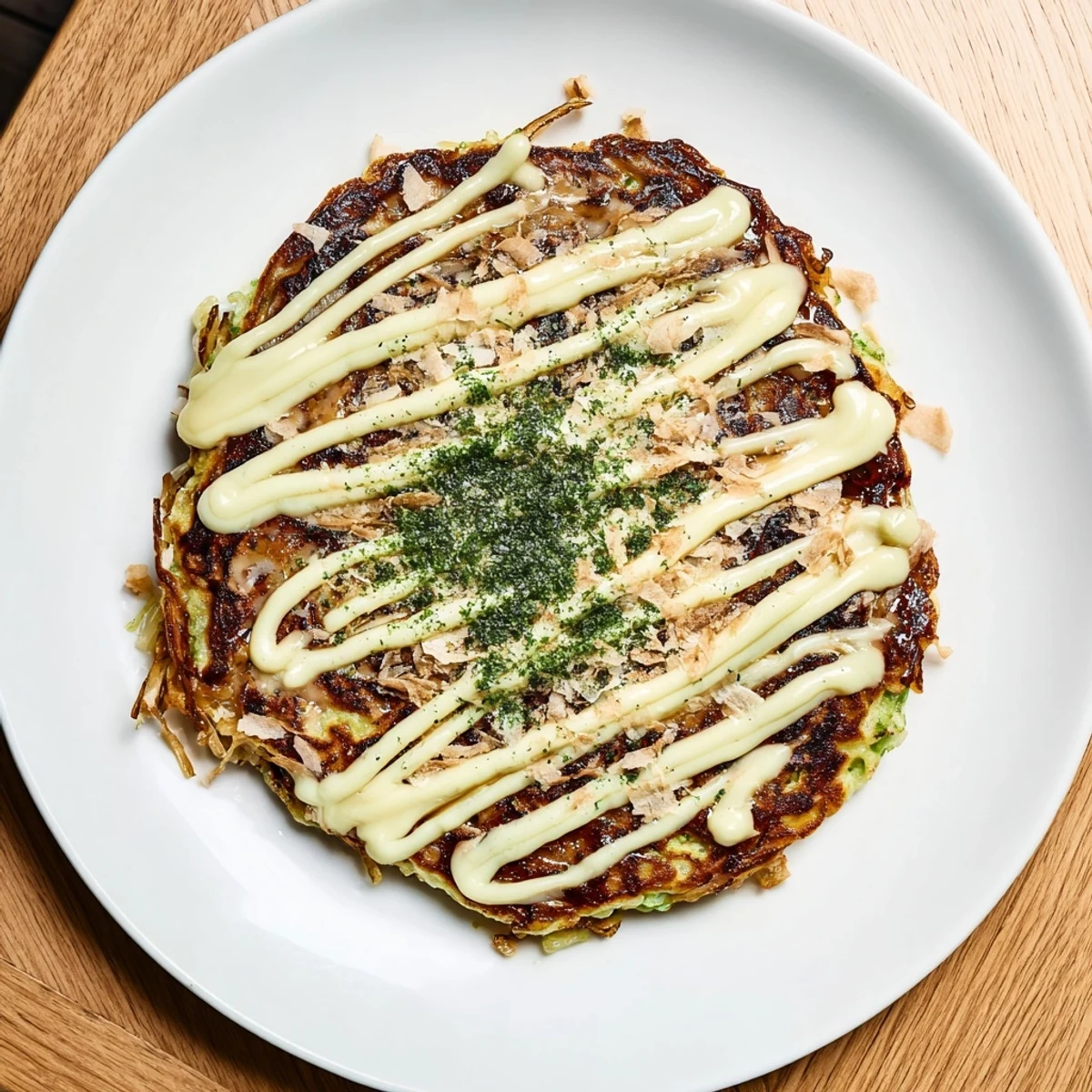 Golden-brown Okonomiyaki, a delicious Japanese pancake with shredded cabbage and flavorful okonomiyaki sauce.