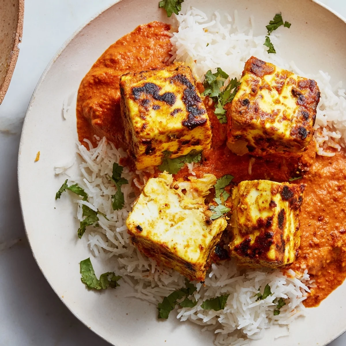 Creamy Paneer Tikka Masala, a beautiful Indian dish, on a bed of fluffy white rice.