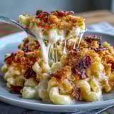 Creamy mac and cheese baked until bubbling, finished with a crispy bacon and panko breadcrumb crust.