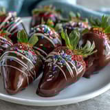 Bright red strawberries coated in smooth chocolate and topped with pastel sprinkles, perfect for Easter dessert tables.