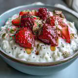 A vibrant cottage cheese bowl topped with juicy strawberries, chia seeds, and golden granola for a protein-rich morning treat.