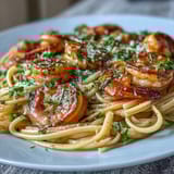 Lemon Garlic Shrimp Pasta with vibrant lemon zest and fresh parsley, served in a white bowl with a sprinkle of Parmesan.  