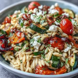 Bright Orzo with Roasted Vegetables and Crumbled Feta, perfect summer side dish.
