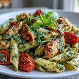 Creamy One-Pan Chicken Pesto Pasta with cherry tomatoes, spinach, and Parmesan.