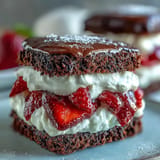 Close-up of a strawberry black sesame shortcake, ready to be enjoyed.