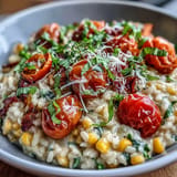 Vibrant, seasonal Summer Tomato Corn Risotto garnished with fresh basil.