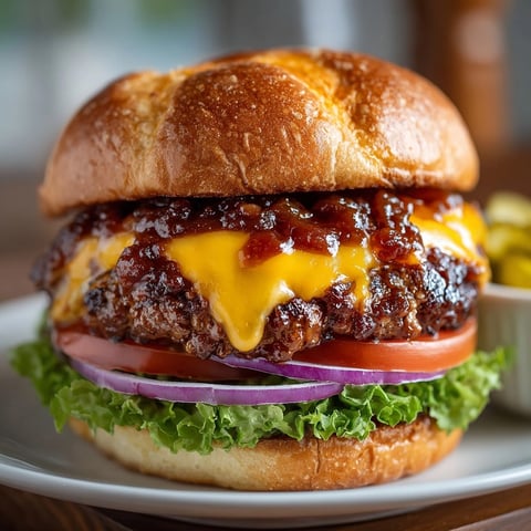 BBQ cheeseburgers stacked high with melted cheese, smoky sauce, and crisp lettuce on toasted buns.