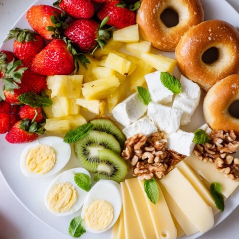 A Good Morning Sun Breakfast Board overflowing with fresh fruit, croissants, and delicious cheeses for sharing.