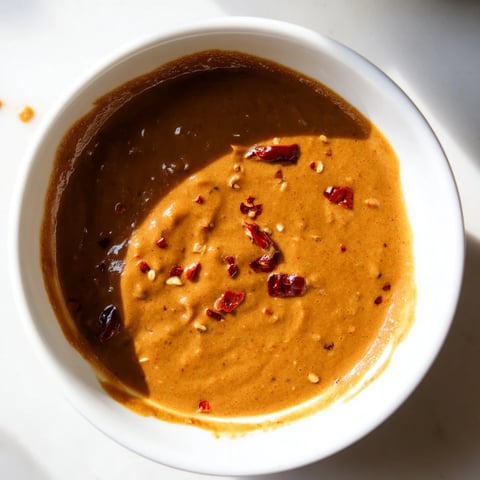 Golden brown Indonesian satay sauce, ready to be drizzled over grilled chicken skewers, looks delicious.