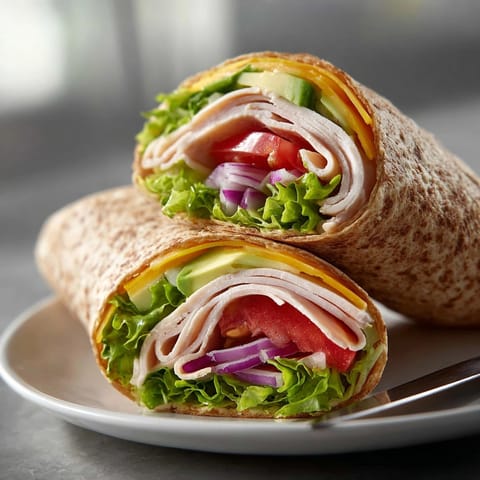 Freshly prepared Turkey &amp; Avocado Wrap on a plate, perfect for a quick, healthy lunch option