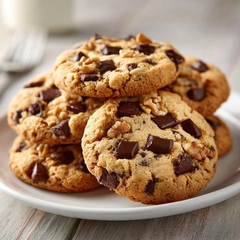 Classic chocolate chip cookies stacked on a plate, melty chocolate chips glistening with a sprinkle of sea salt.