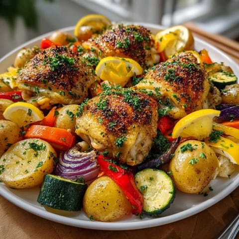 Juicy lemon garlic chicken thighs with colorful roasted vegetables, all in one-pan for easy family dinner.