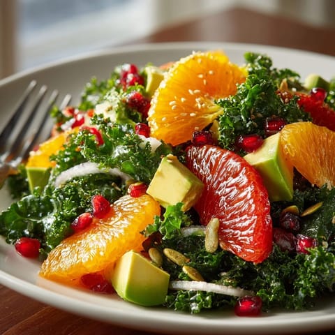 A fresh Winter Citrus Kale Salad with pomegranate, creamy avocado, and honey vinaigrette drizzle