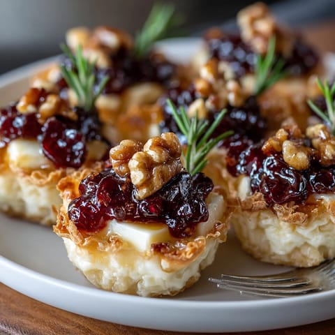 Warm Cranberry Brie Phyllo Cups served on a platter, garnished with pecans and fresh rosemary.