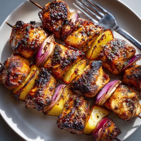 Maple Apple Chicken Skewers sizzling on a grill, glazed with sweet maple-cider sauce.