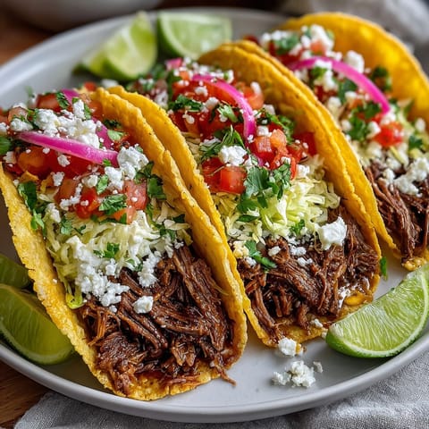 Warm tortillas brimming with slow cooker pot roast tacos, lettuce, tomatoes, and tangy pickled onions.