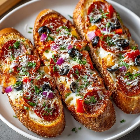 Close-up of golden baked Loaded Pizza Bread Boats filled with melty cheese and fresh herbs