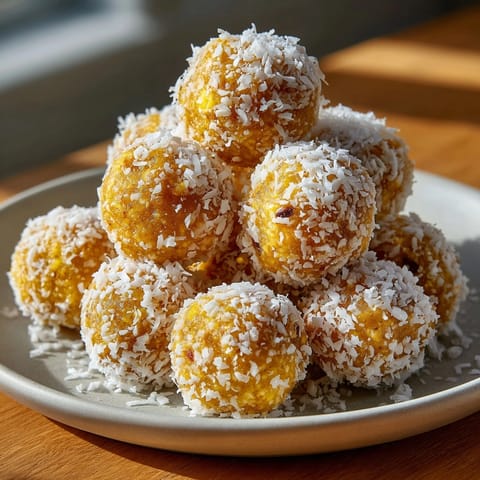 Close-up of Sweet Bites Bliss no-bake limoncello energy balls, glistening with lemon zest and coconut coating.