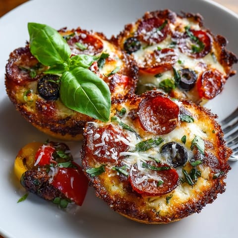 Close-up of melty mashup pizza pot pie cups, hot from the oven with fresh basil garnish