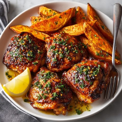 Delicious and easy sheet pan honey garlic chicken, with crispy skin and tender, perfectly caramelized sweet potatoes.