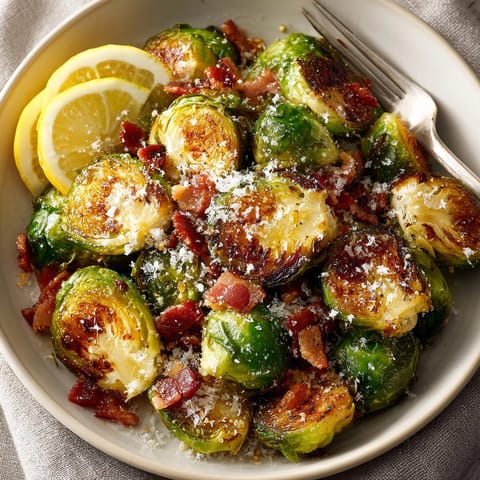 Crispy Maple Bacon Brussels Sprouts topped with fluffy Parmesan cheese, ready to eat.