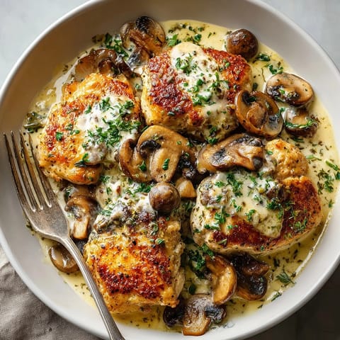 Golden seared chicken breasts sit in a creamy, mushroom-filled gravy for Creamy Chicken and Mushroom Skillet.