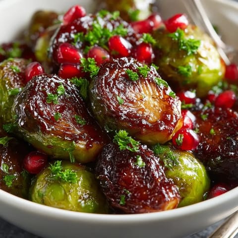 Golden roasted Pomegranate Glazed Brussels Sprouts tossed in tangy-sweet glaze, garnished with fresh herbs.